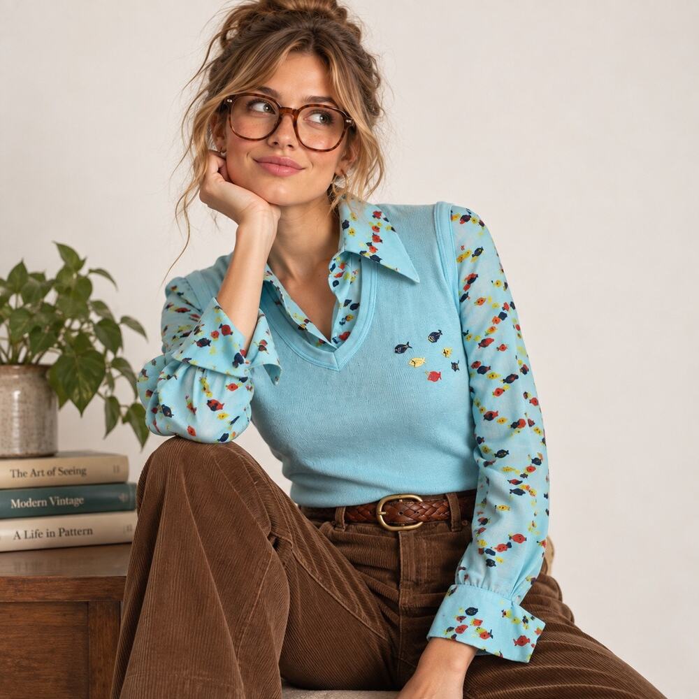Vintage 70s Fish Print Faux Sweater Vest Blouse Geek Chic Top S